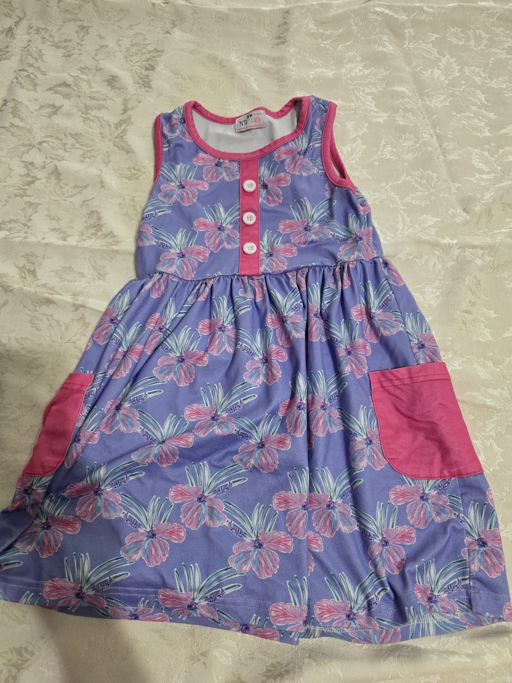 Girls Lavender Floral Pocket Dress with Pink Trim